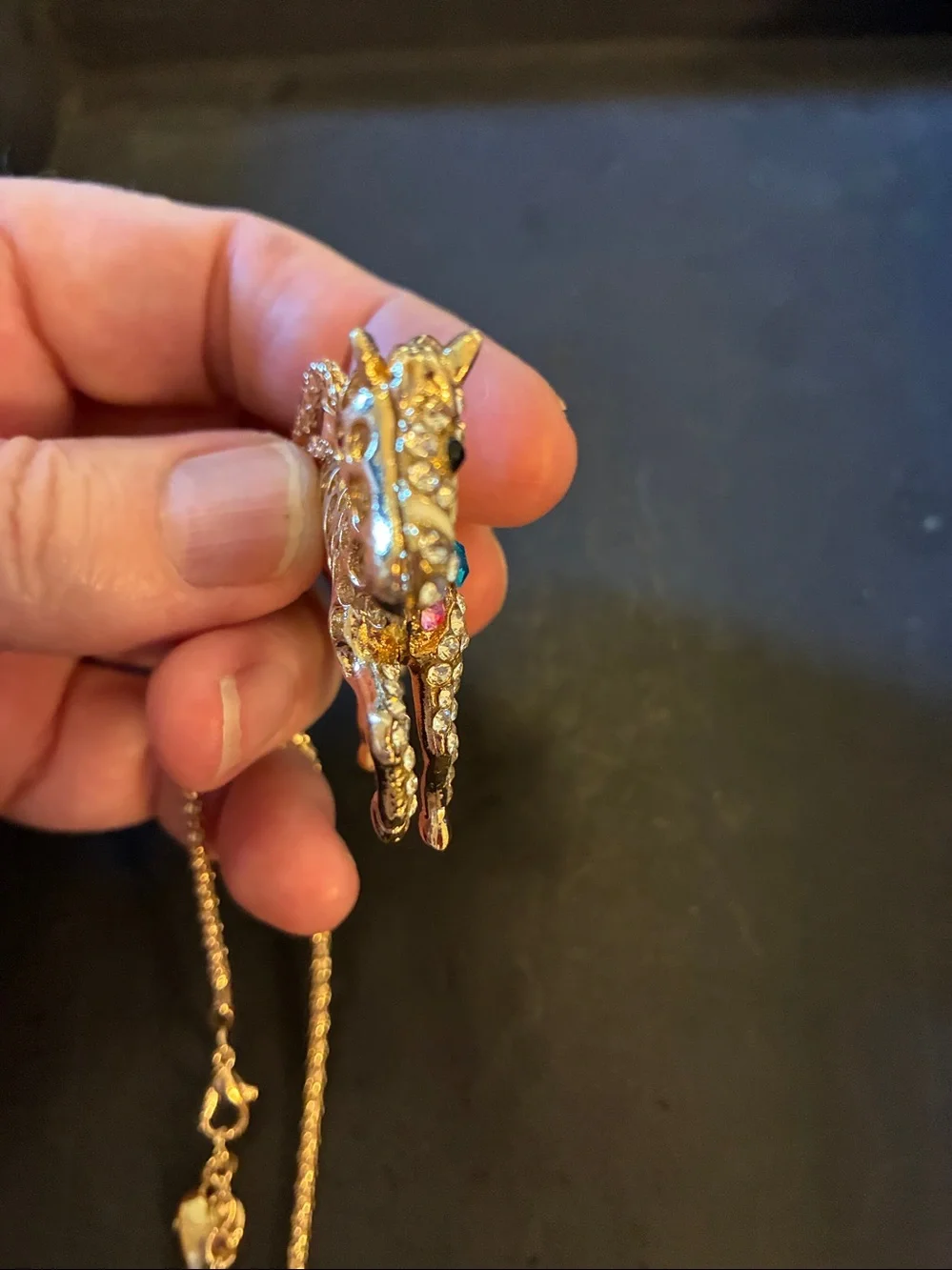 Gold-Tone Multicolor Crystal Horse Pendant Necklace with moveable tail.